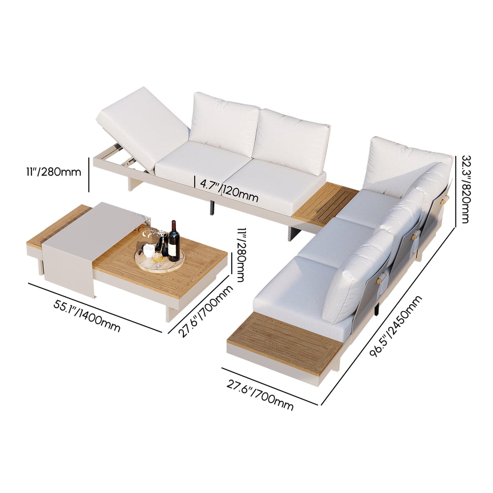 Tevara 5-Pieces Modular Teak Outdoor Sofa Set with Smokeless Fire Pit 6 Person in Warm White weights dimensions image