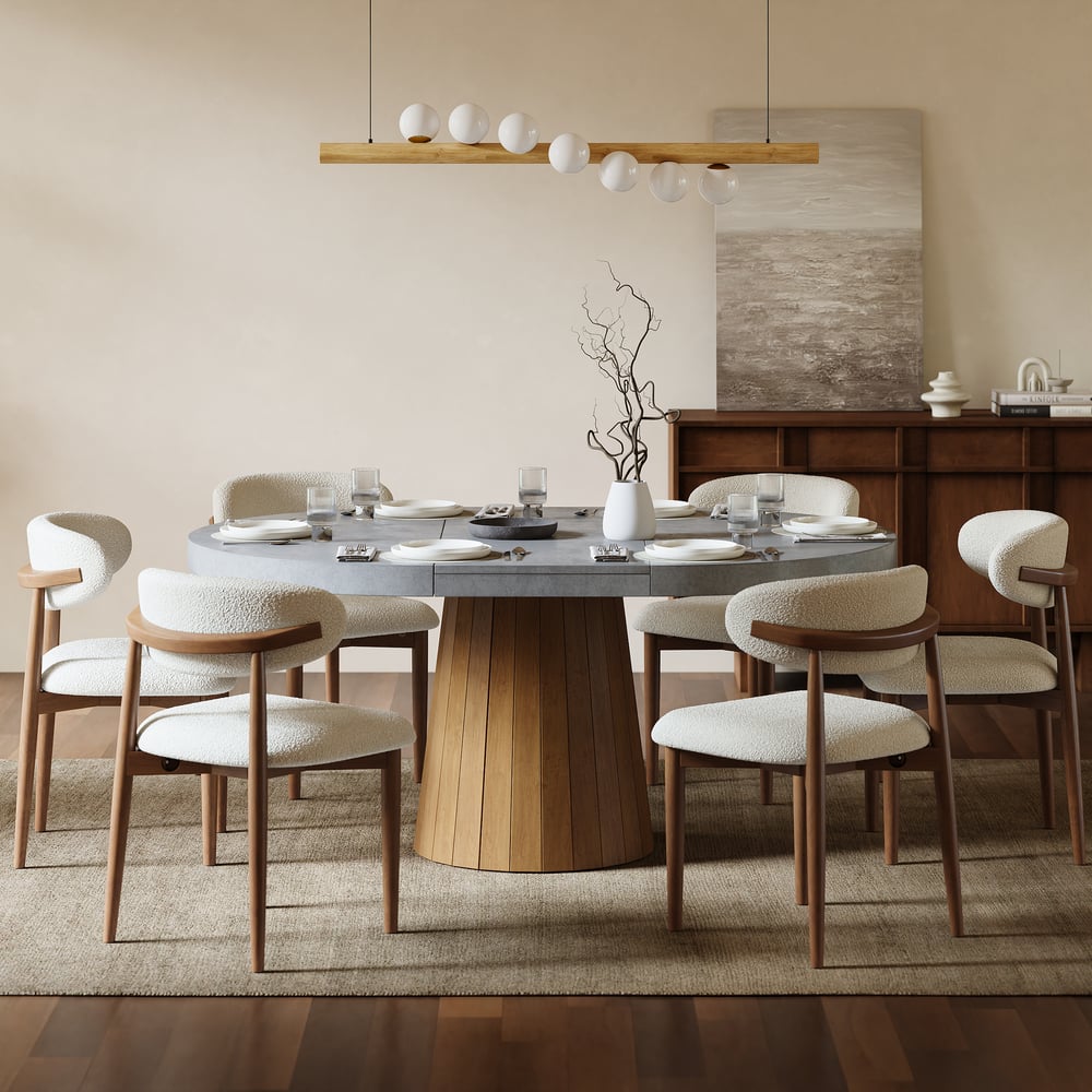 Questions and Answers for Japandi 39"–55" Extendable Round-to-Oval Wood Dining Table–Concrete Gray, Seats 4–6