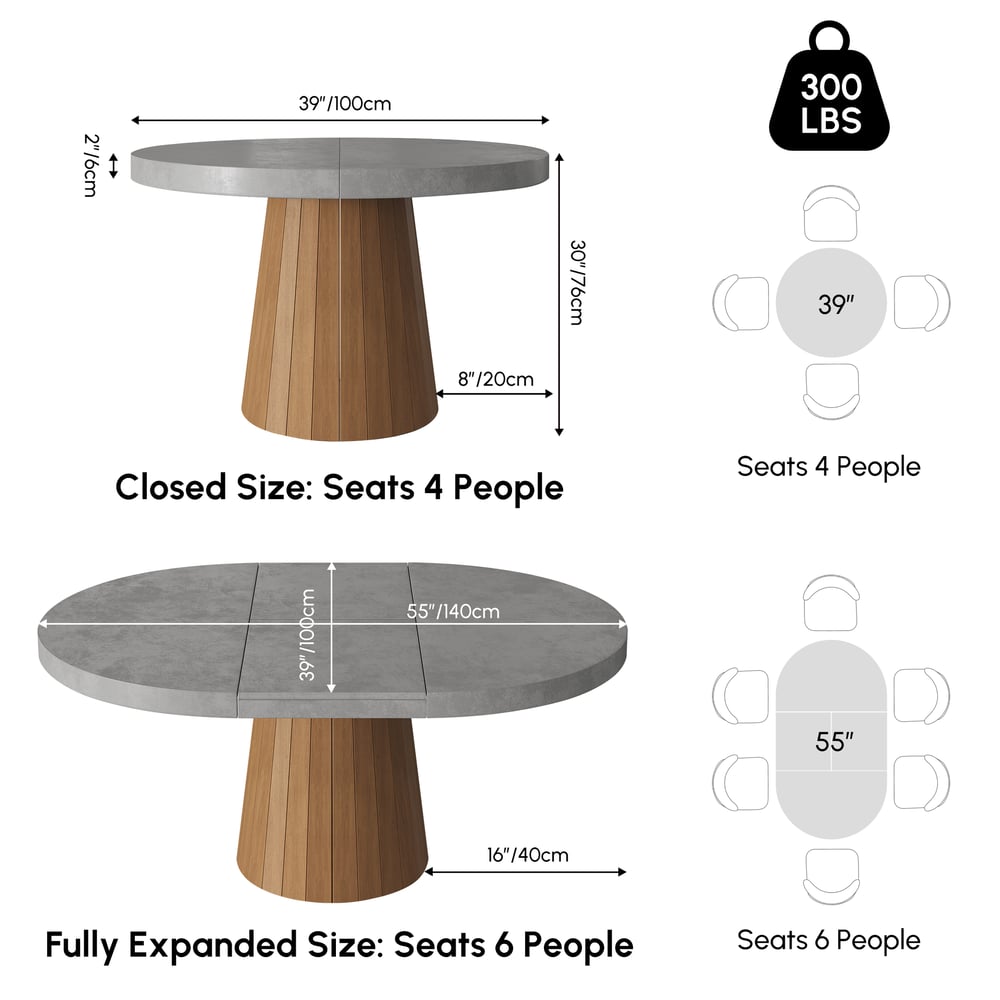 Japandi 39"–55" Extendable Round-to-Oval Wood Dining Table–Concrete Gray, Seats 4–6 weights dimensions image