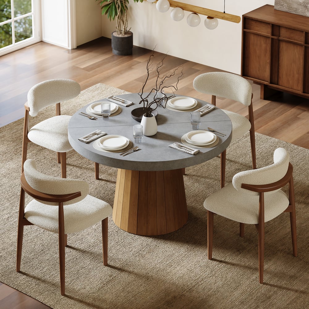 Questions and Answers for Japandi 39"–55" Extendable Round-to-Oval Wood Dining Table–Concrete Gray, Seats 4–6
