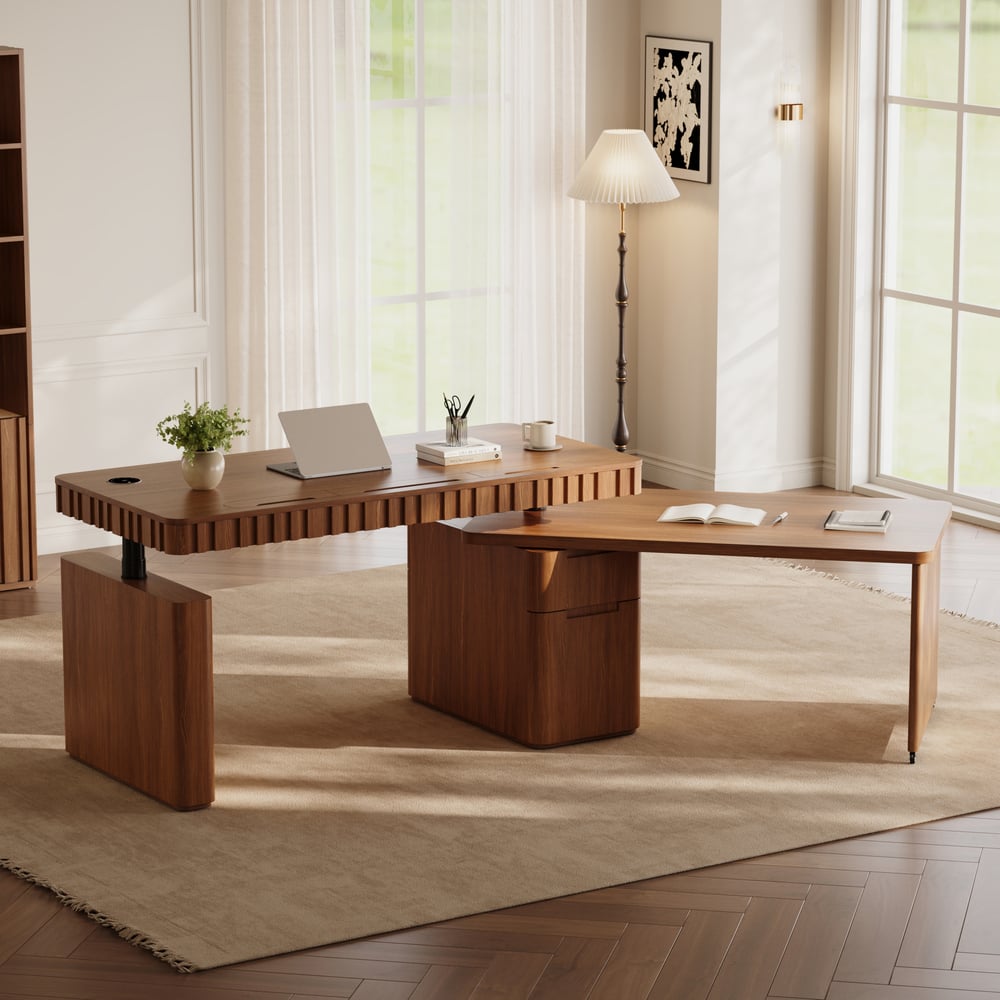 Aura 63" Walnut Flutted 360-Degree Rotating Desk Electric Adjustable Standing Desk window image