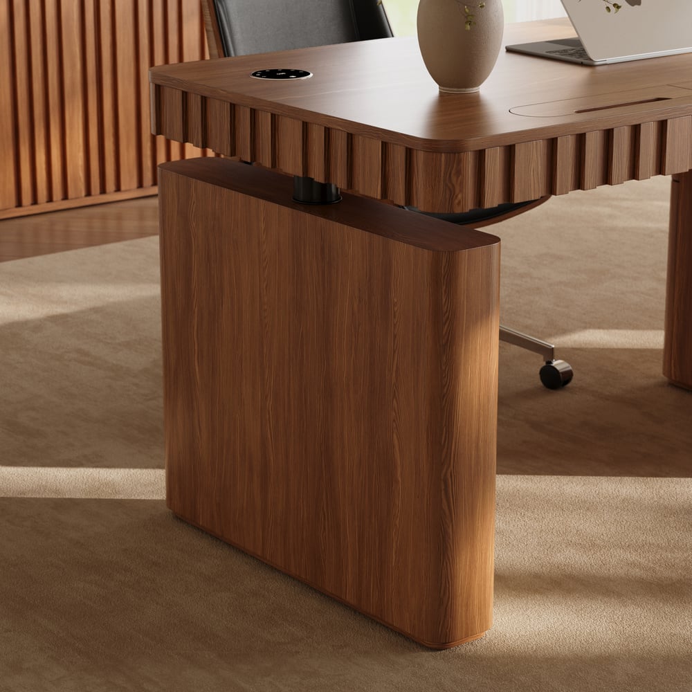 Aura 63" Walnut Flutted 360-Degree Rotating Desk Electric Adjustable Standing Desk window image