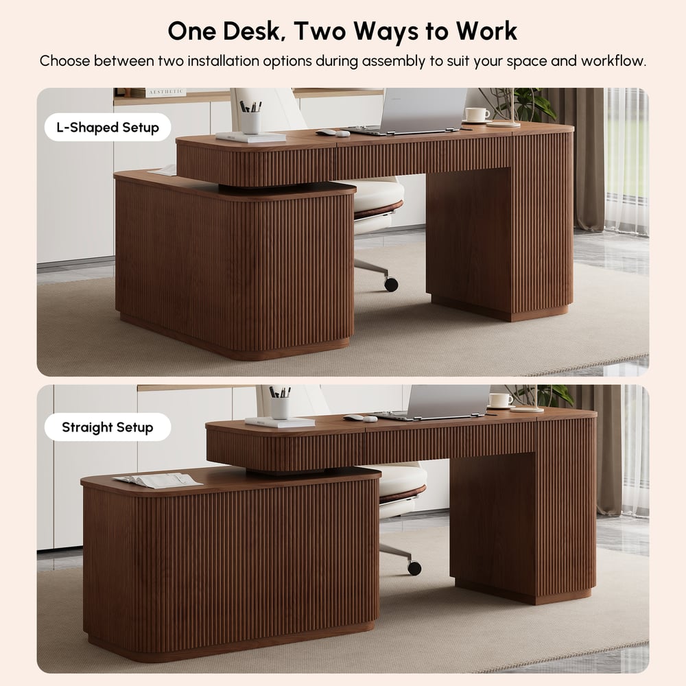 Bureau exécutif Velign en L de 164 cm avec plateau élévateur, tiroirs et meuble latéral droit noyer image de fenêtre