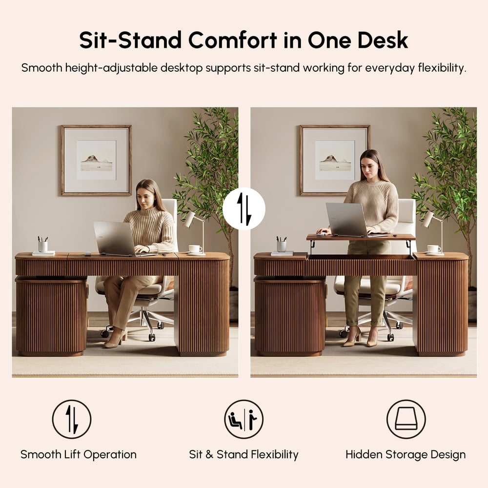 Bureau exécutif Velign en L de 164 cm avec plateau élévateur, tiroirs et meuble latéral droit noyer image de fenêtre