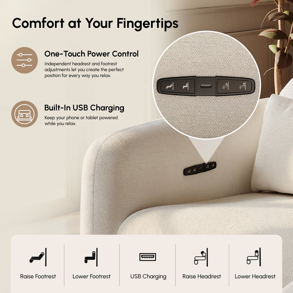 Canapé inclinable électrique zéro gravité en chenille 226 cm 2 places avec oreillers et port USB image de fenêtre