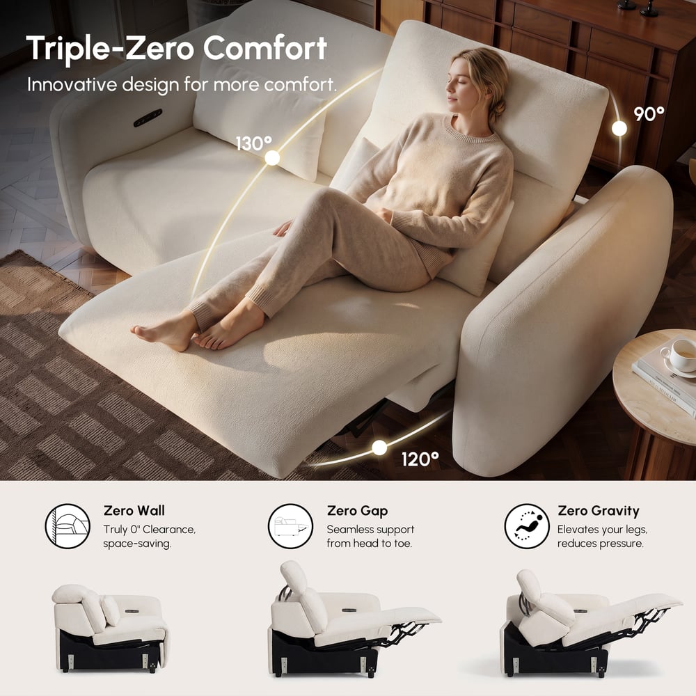 Canapé inclinable électrique zéro gravité en chenille 226 cm 2 places avec oreillers et port USB image de fenêtre