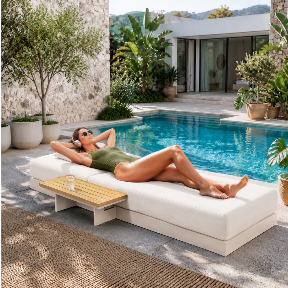 Tevara Outdoor Teak & Aluminum Adjustable Lounge Chaise in Sand, Set of 2 window image