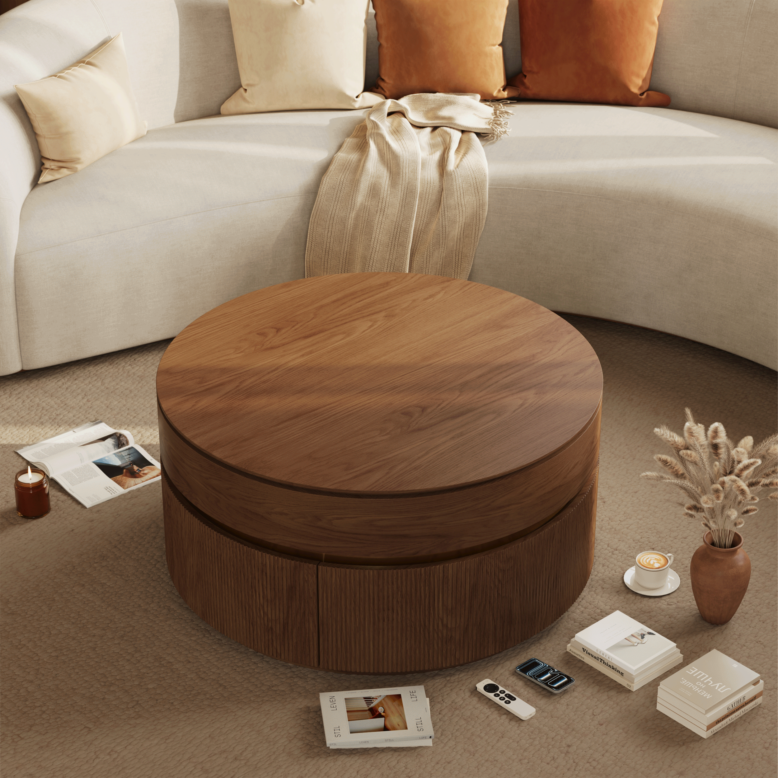32" Fluted Lift-Top Round Walnut Coffee Table with 2 Drawers window image