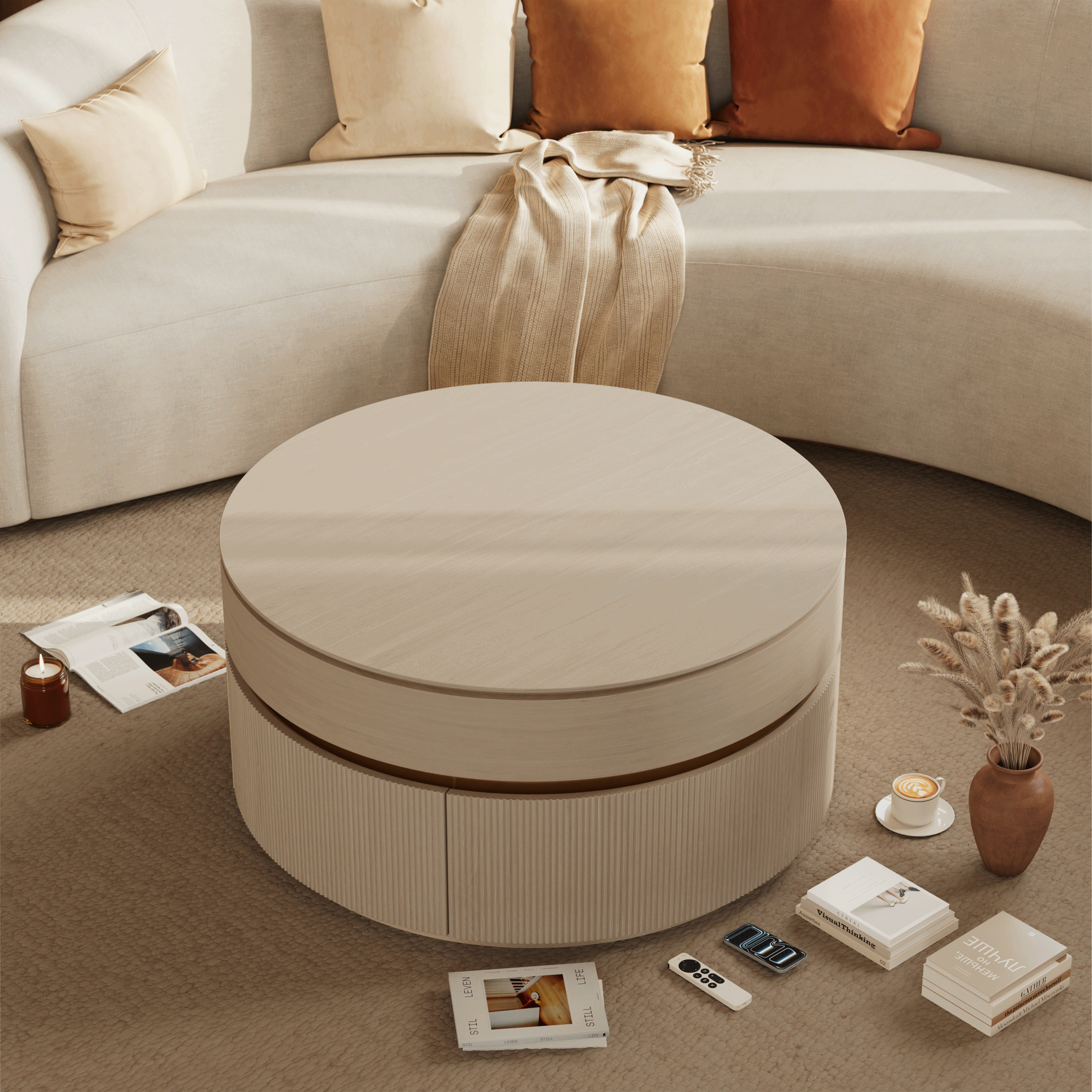 32" Fluted Lift-Top Round  Coffee Table with 2 Drawers window image
