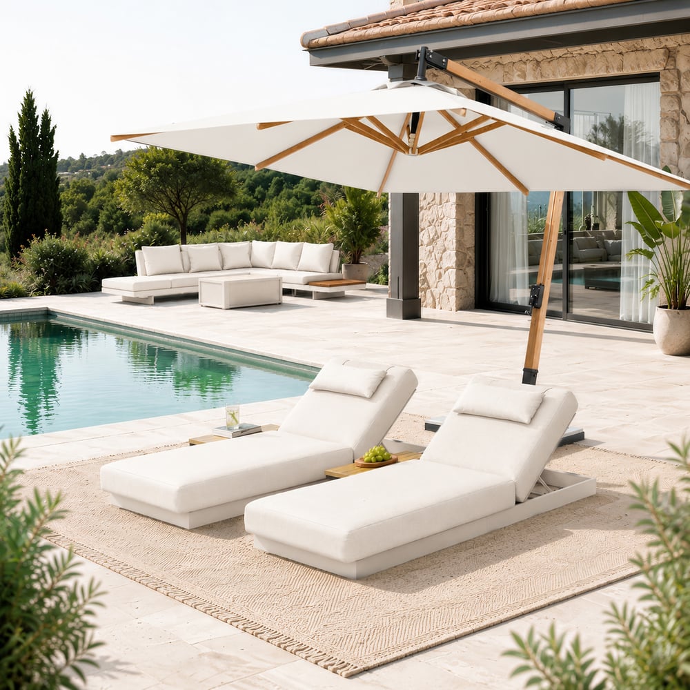 Lettino da giardino regolabile Tevara in teak e alluminio color sabbia Immagine della finestra