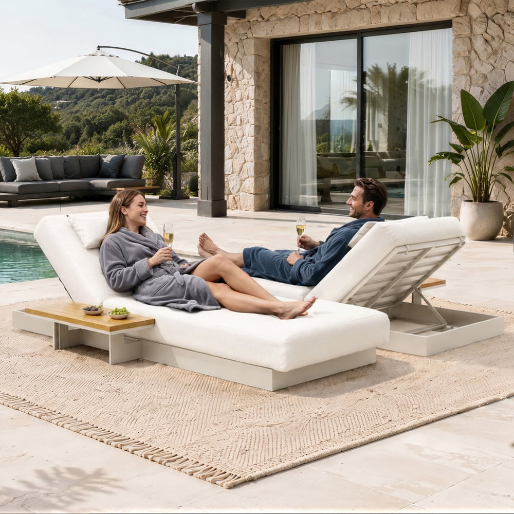 Tevara Outdoor Teak & Aluminum Adjustable Lounge Chaise in Sand, Set of 2 window image