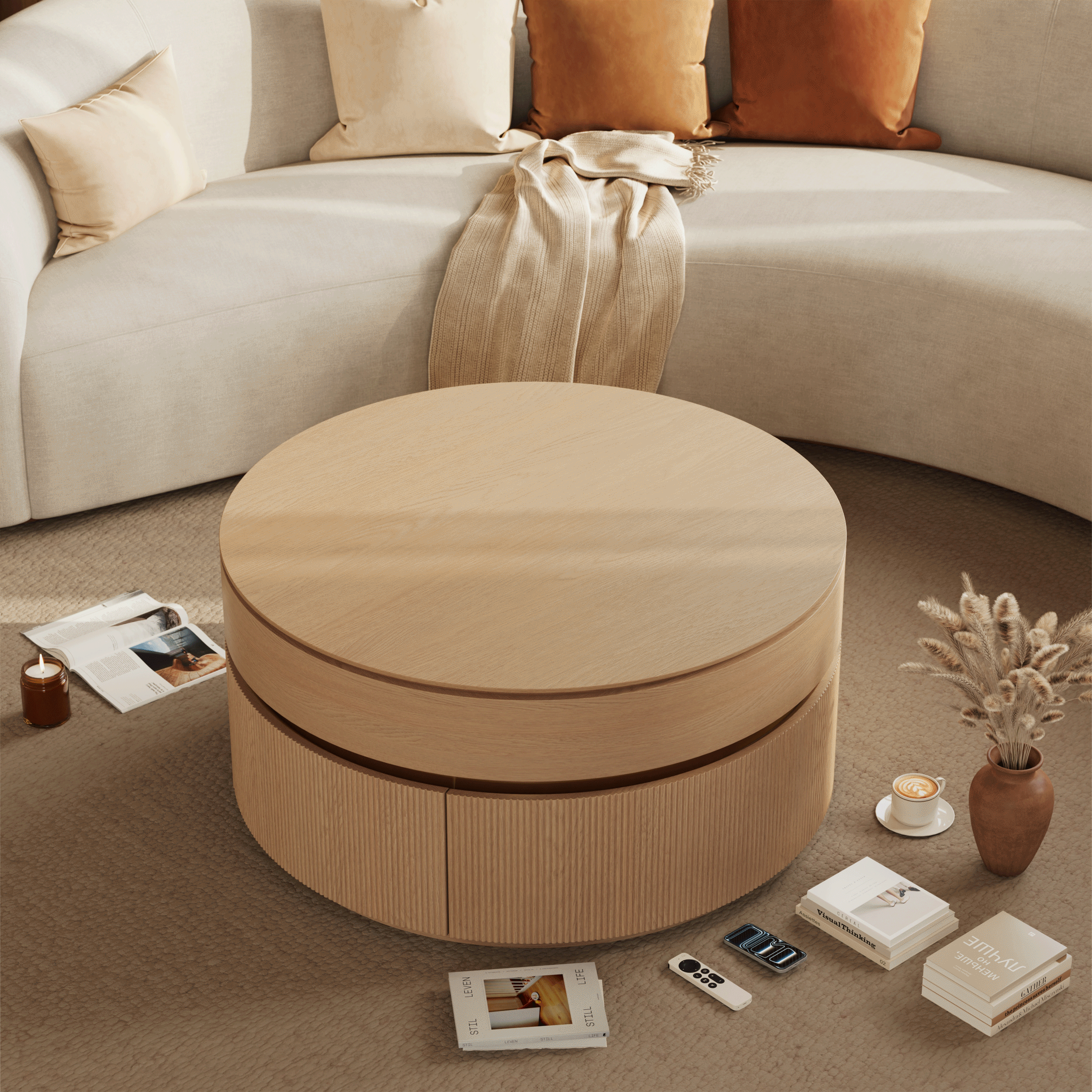 Table basse ronde cannelée de 81 cm avec plateau relevable et 2 tiroirs image de fenêtre