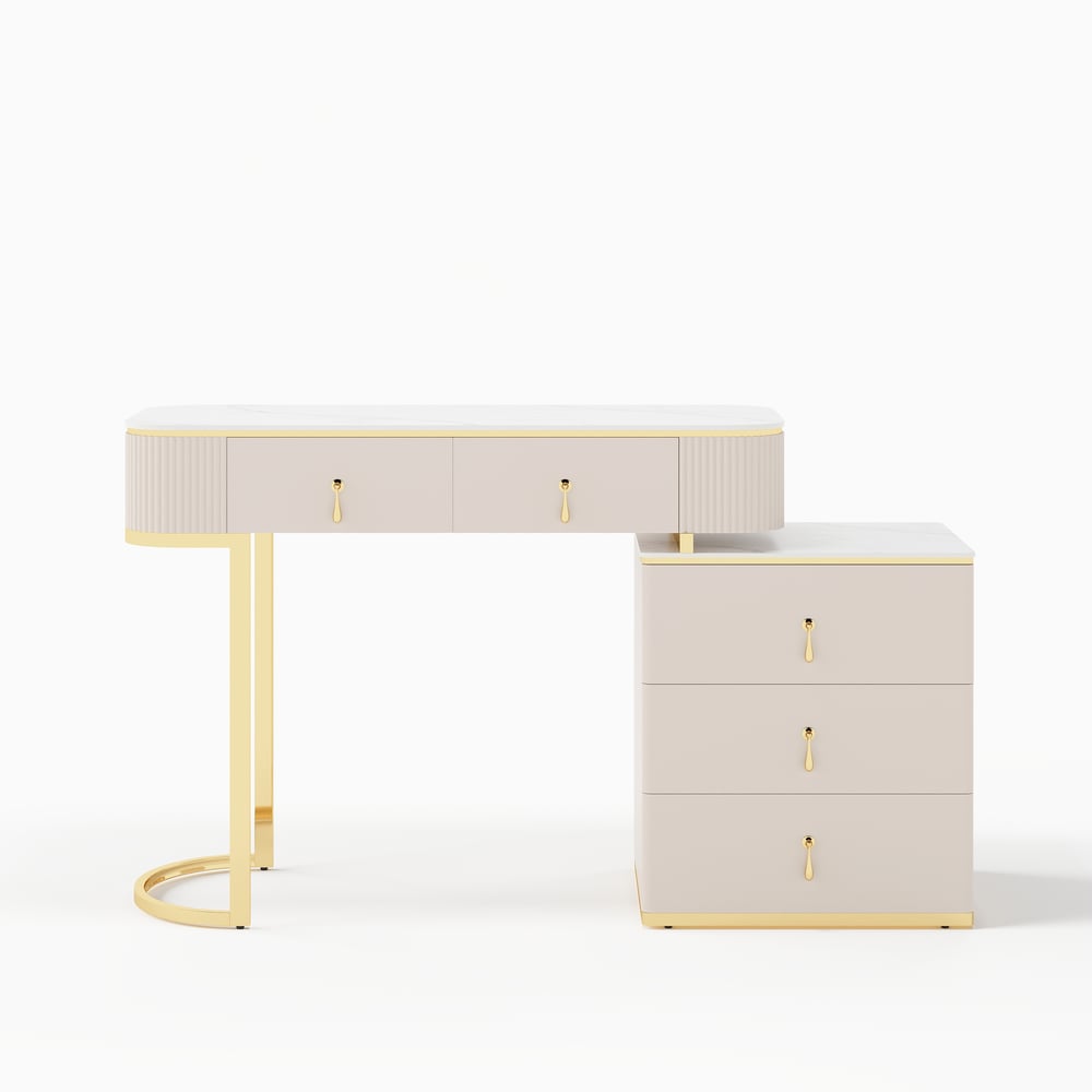 Uitschuifbare kaptafel van tin met gesinterd stenen blad en 5 laden Vensterafbeelding