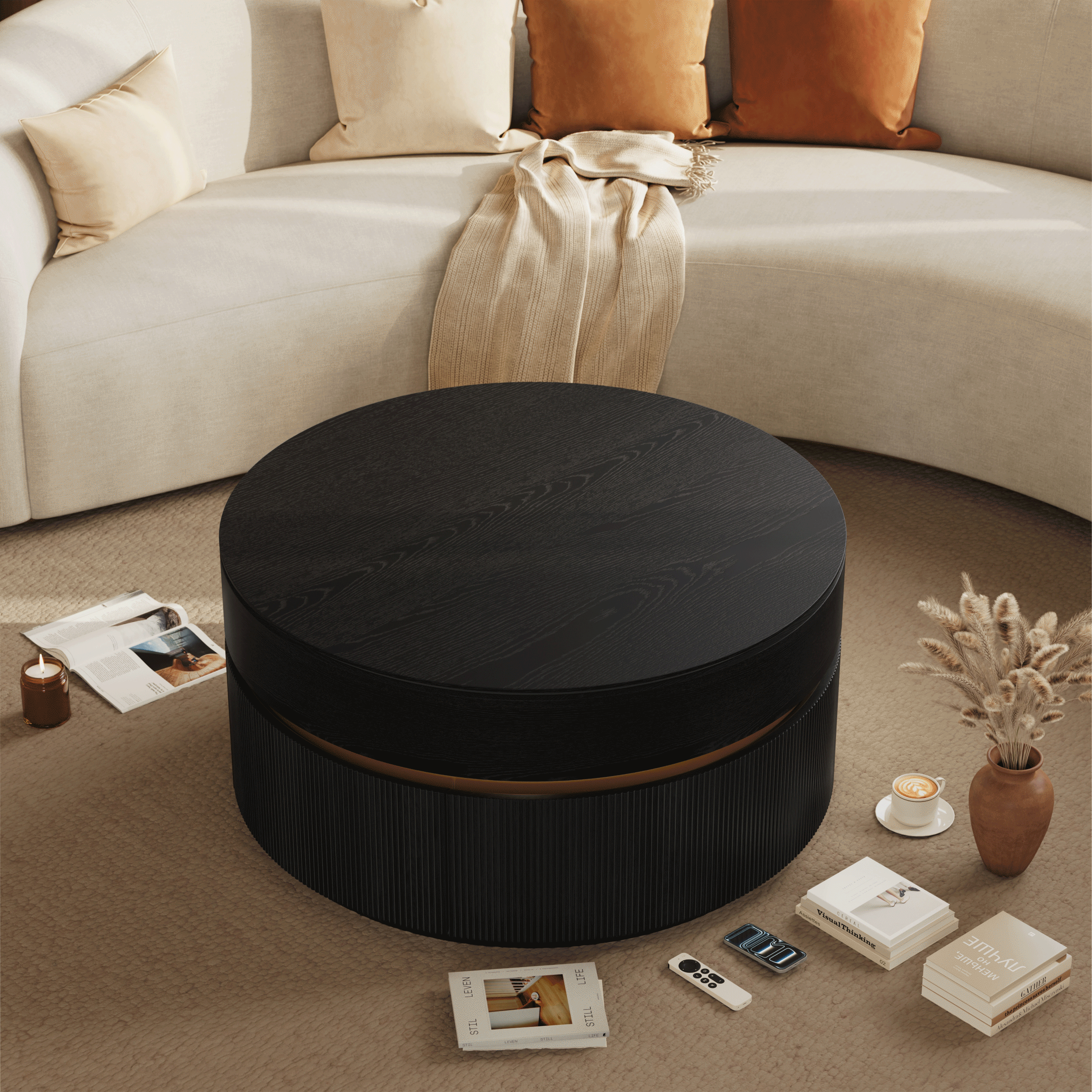 32" Fluted Lift-Top Round  Coffee Table with 2 Drawers window image