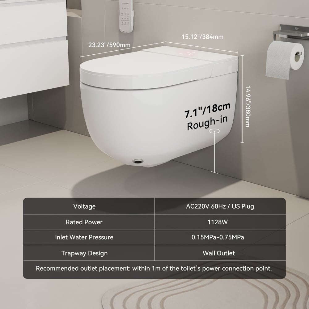 Airloo S2 Wall-Mounted Smart Bidet Toilet with In-Wall Tank, UV sterilization, 1.32 GPF weights dimensions image