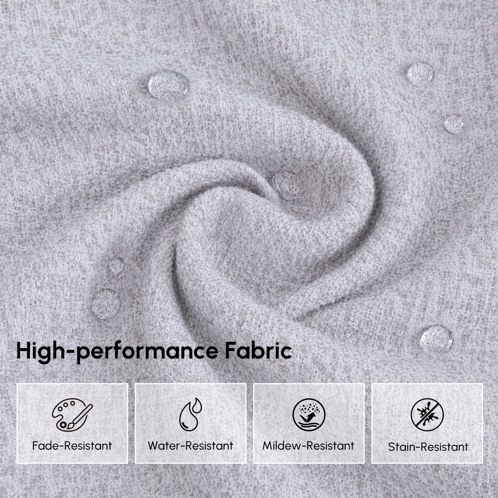 Ensemble de canapé d'angle extérieur 4 pièces en teck et aluminium avec méridienne pour 4 personnes, gris clair image de fenêtre