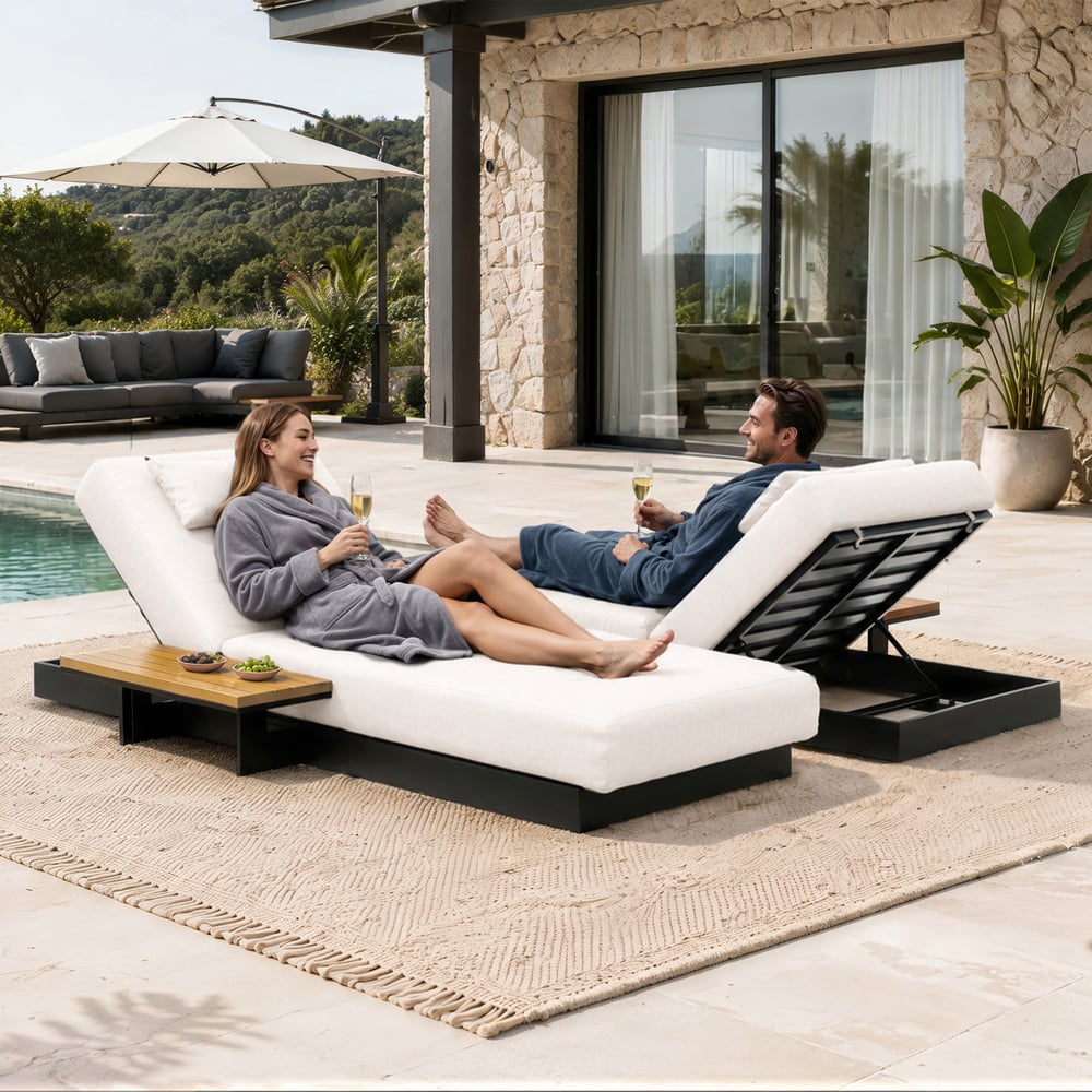 Tevara Outdoor Teak & Aluminium Adjustable Lounge Chaise in White, Set of 2 window image