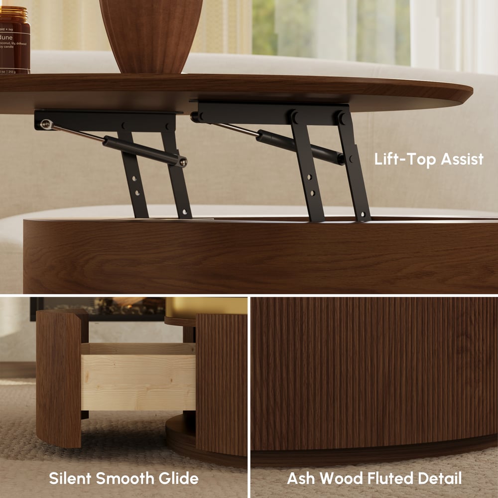 32" Fluted Lift-Top Round Walnut Coffee Table with 2 Drawers window image