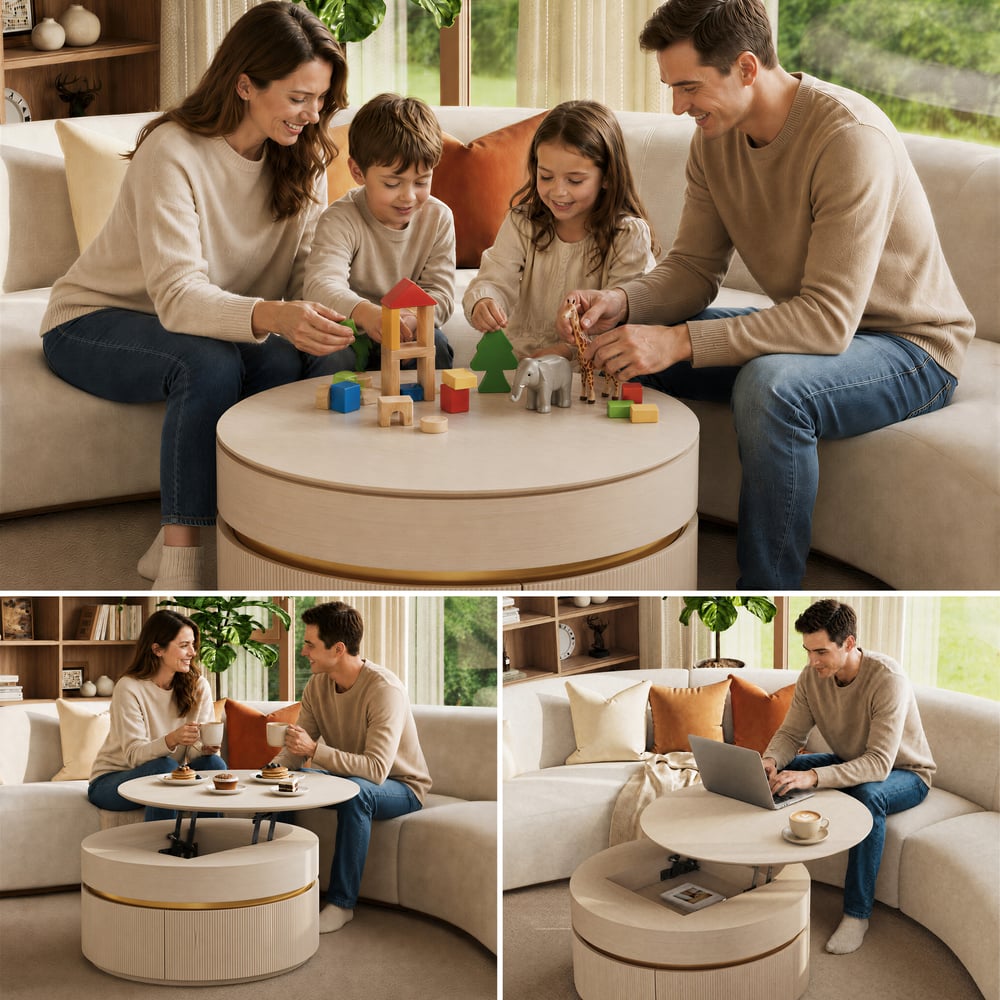 32" Fluted Lift-Top Round  Coffee Table with 2 Drawers window image