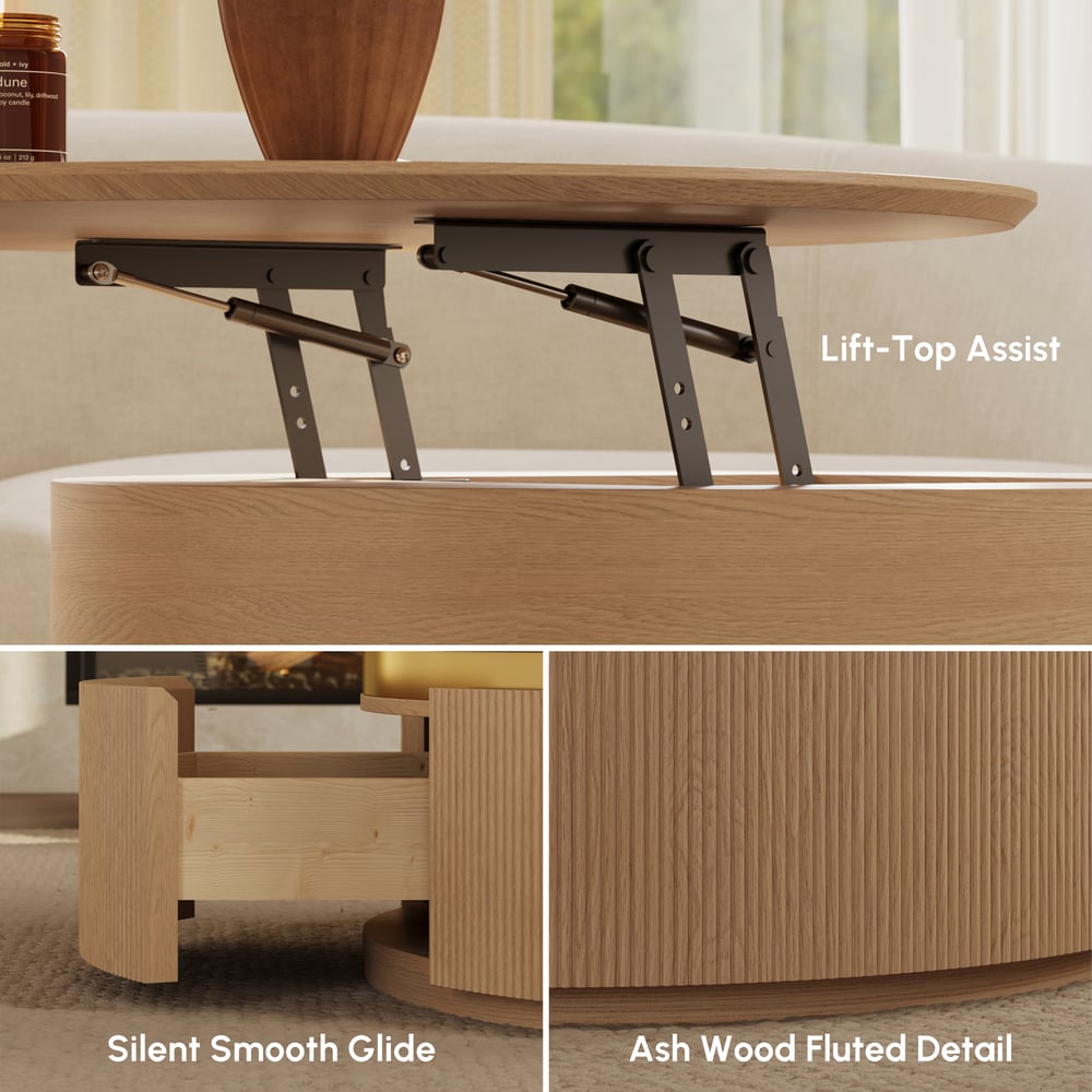 Table basse ronde cannelée de 81 cm avec plateau relevable et 2 tiroirs image de fenêtre