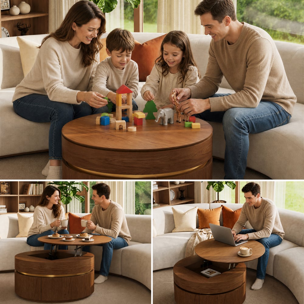 32" Fluted Lift-Top Round Walnut Coffee Table with 2 Drawers window image