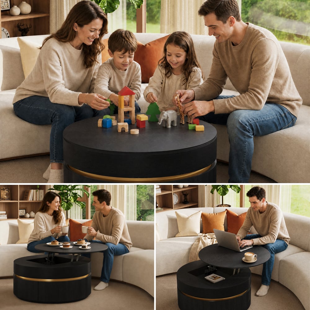 32" Fluted Lift-Top Round  Coffee Table with 2 Drawers window image