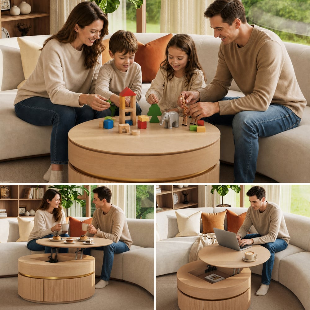Table basse ronde cannelée de 81 cm avec plateau relevable et 2 tiroirs image de fenêtre