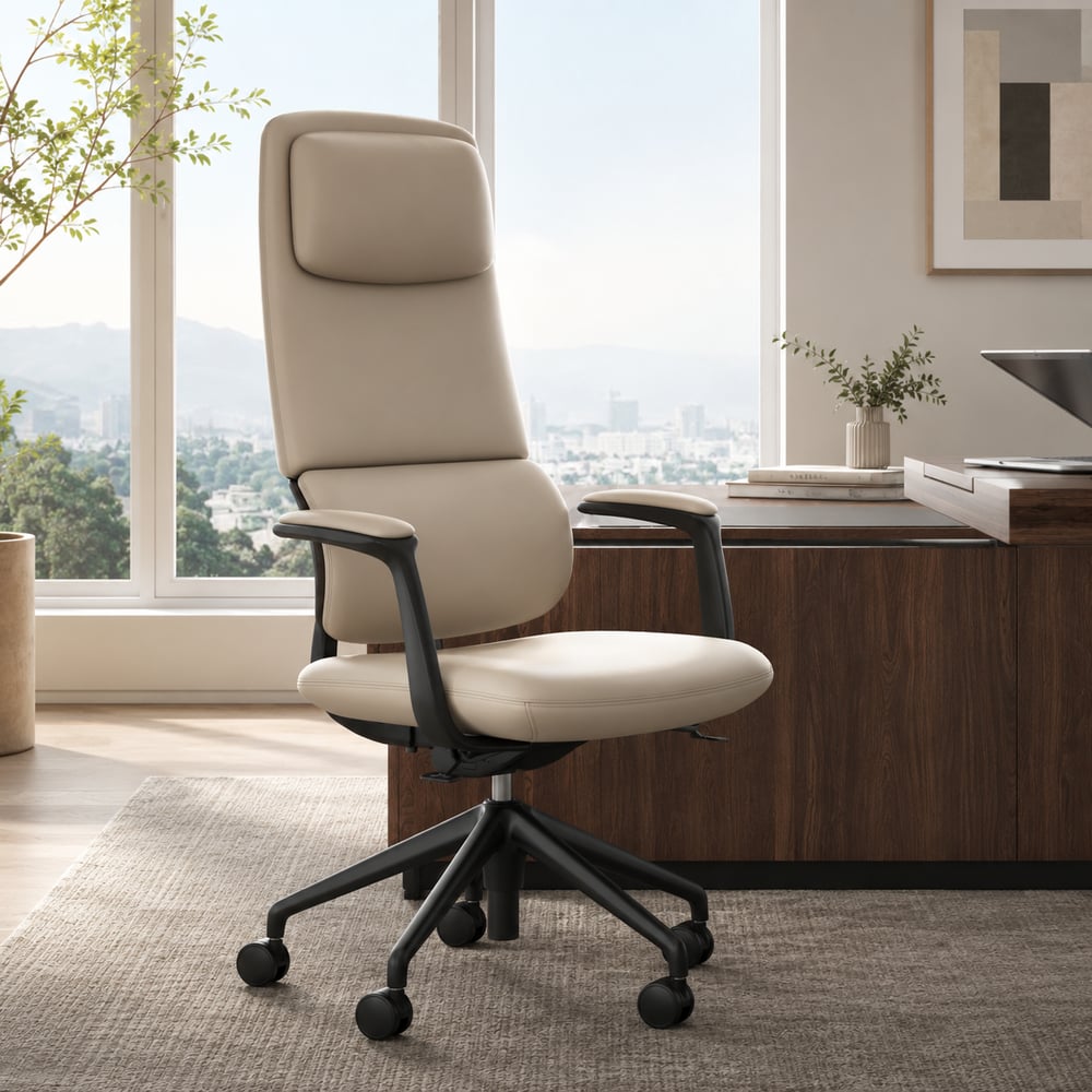 Ergonomic Grey Genuine Leather High Back Reclining Swivel Office Desk Chair window image