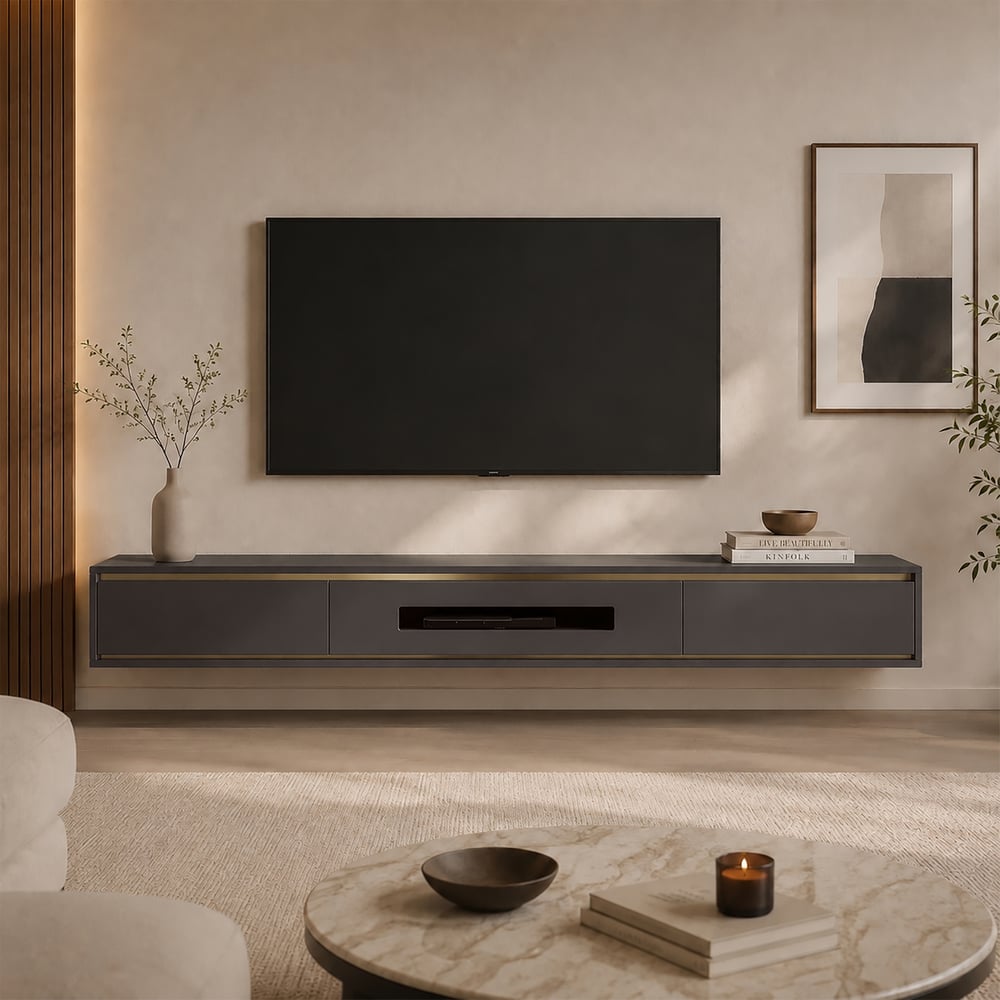 Postmodern Minimalist 71" Floating TV Stand with 2 Drawers and Storage window image