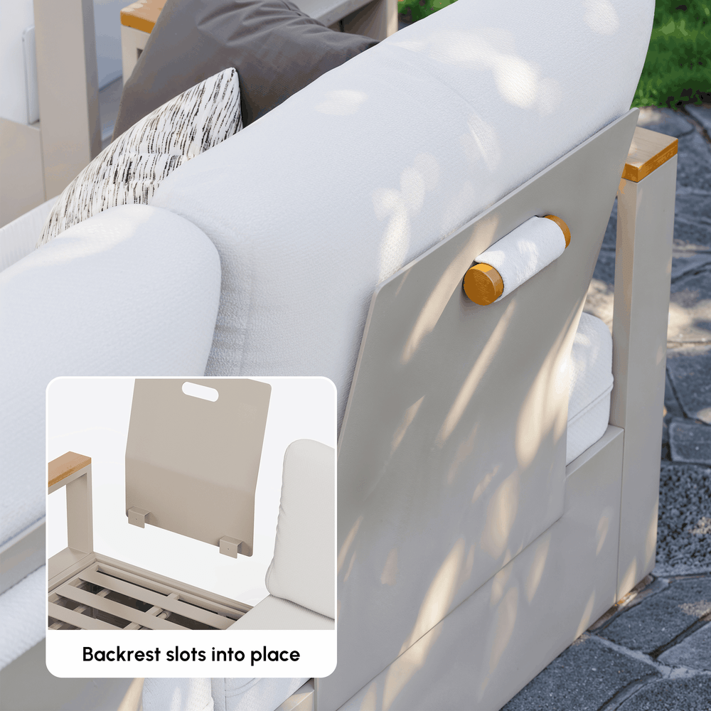 Juego de sofá seccional convertible para exteriores Tevara con estructura de teca y aluminio, arena y blanco Imagen de ventana