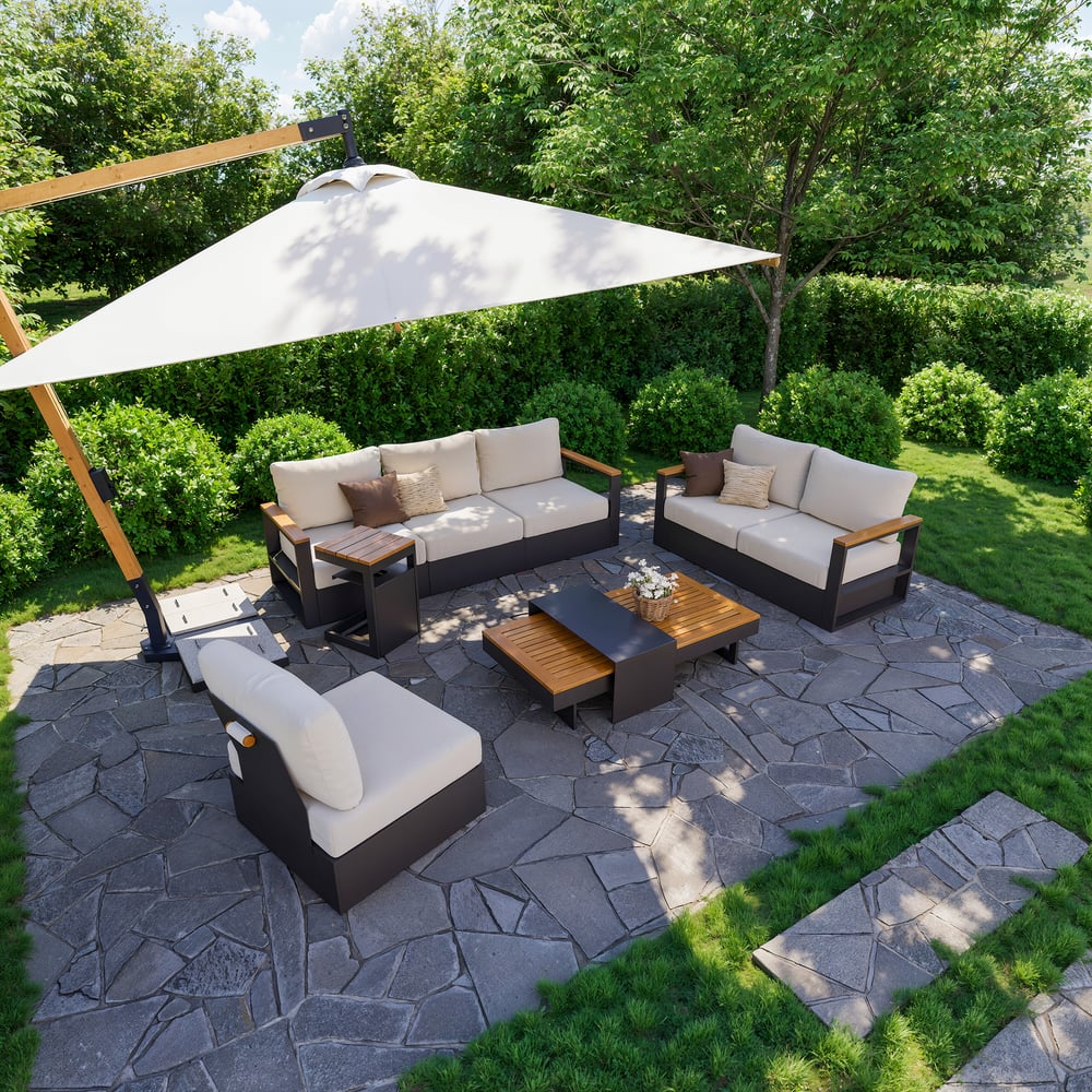 Tevara Convertible Outdoor Sectional Sofa Set with Teak & Aluminum Frame, Gray & White window image