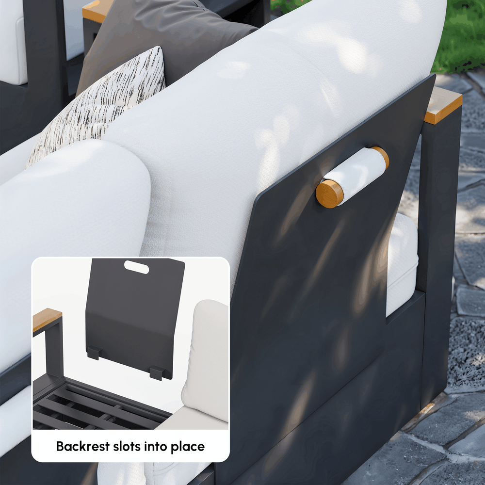 Tevara Convertible Outdoor Sectional Sofa Set with Teak & Aluminum Frame, Gray & White window image