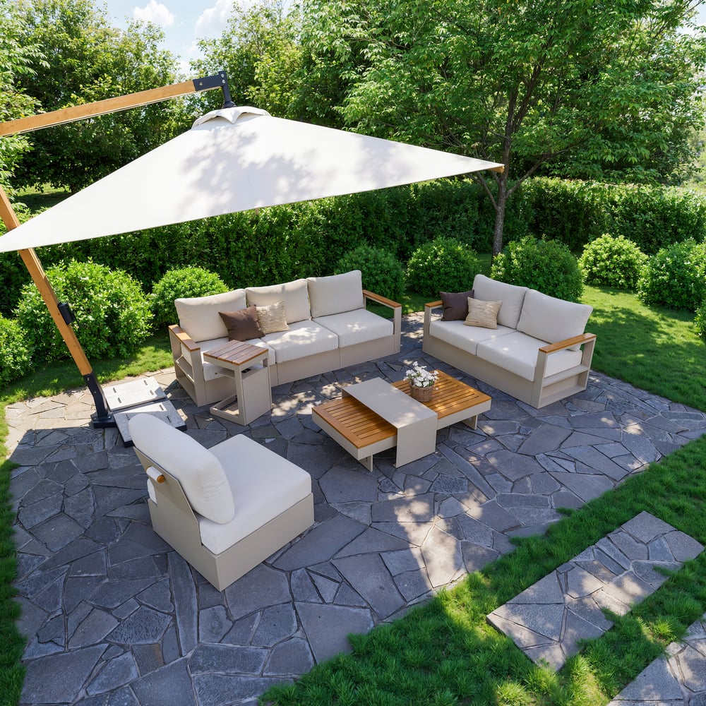 Juego de sofá seccional convertible para exteriores Tevara con estructura de teca y aluminio, arena y blanco Imagen de ventana