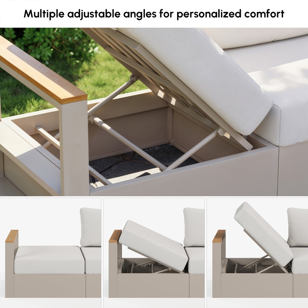 Juego de sofá seccional convertible para exteriores Tevara con estructura de teca y aluminio, arena y blanco Imagen de ventana
