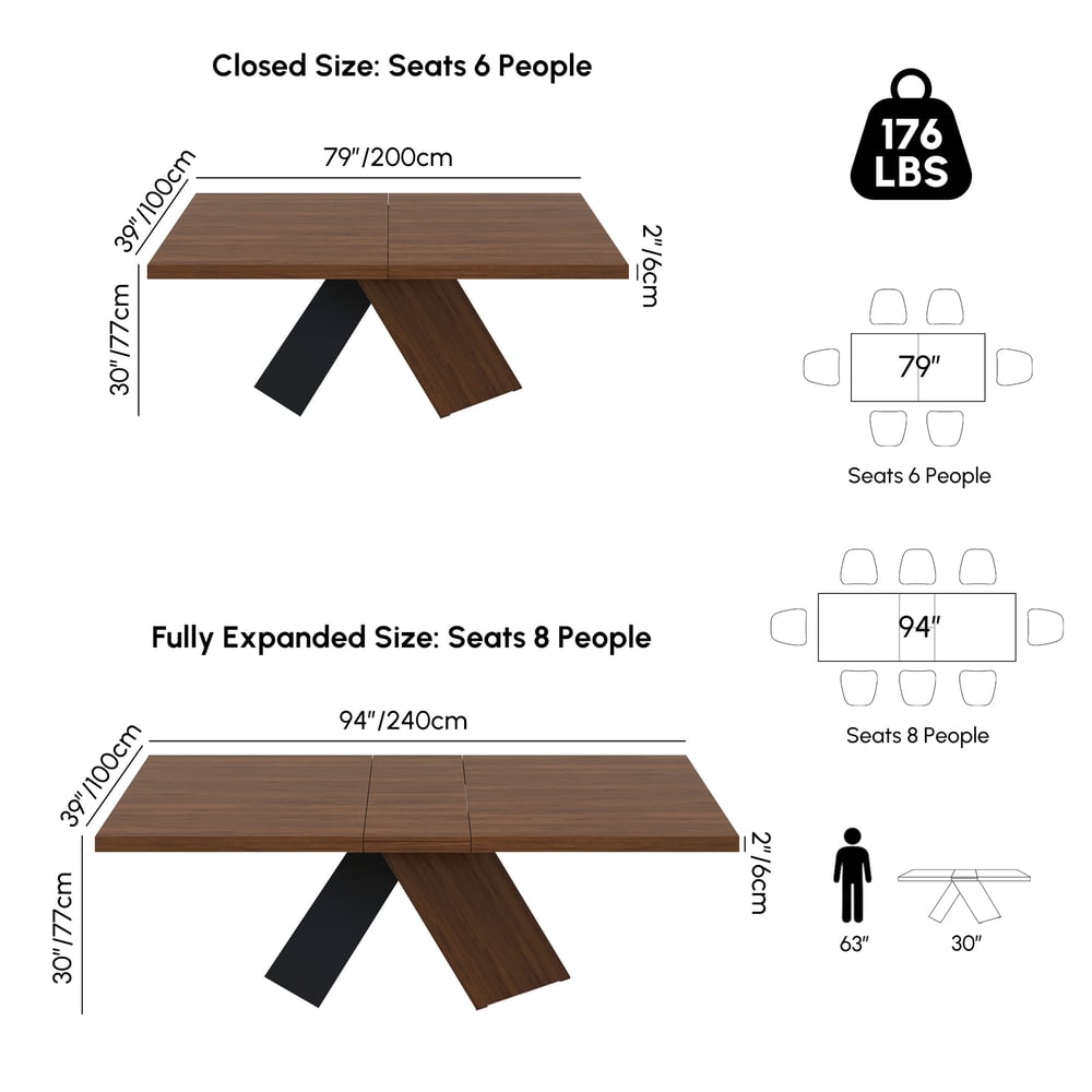 Farmhouse 79"–94" Extendable Rectangular Walnut Dining Table, Seats 6–8 weights dimensions image