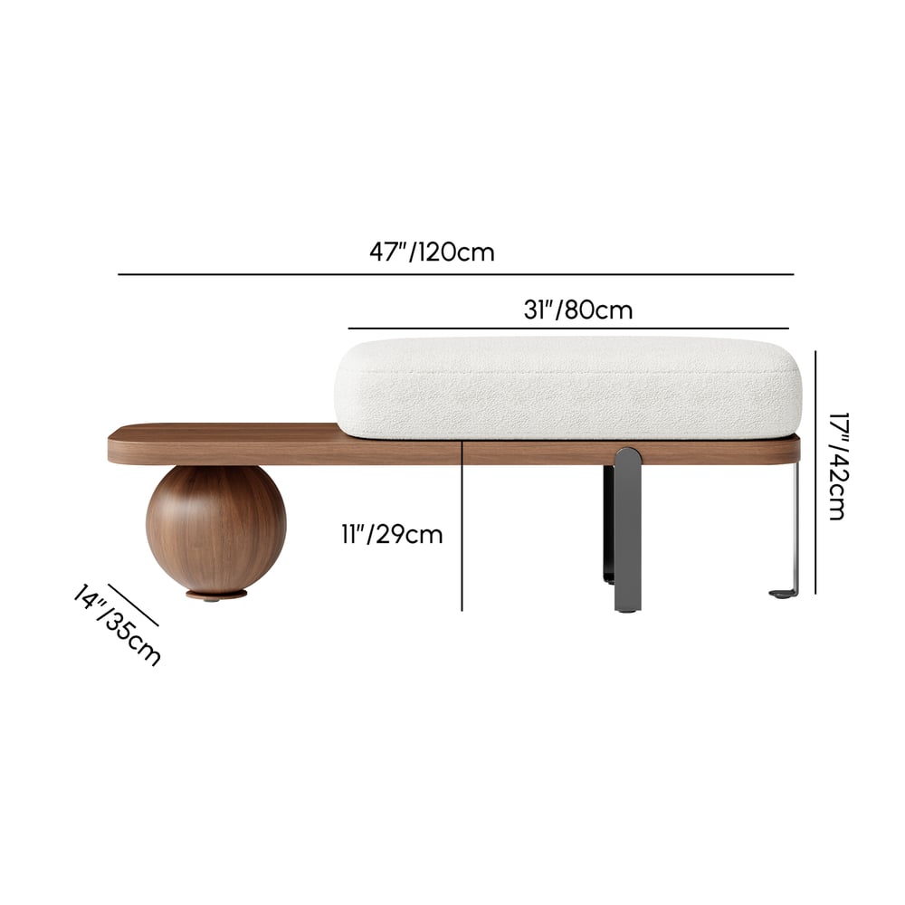 Modern 47" Walnut & Black Entryway Bench with Fleece Upholstered weights dimensions image