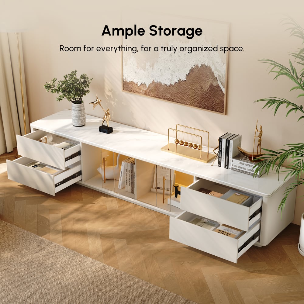 Modern 2210 mm TV Stand with Sintered Stone Top, Glass Doors & 4 Drawers window image