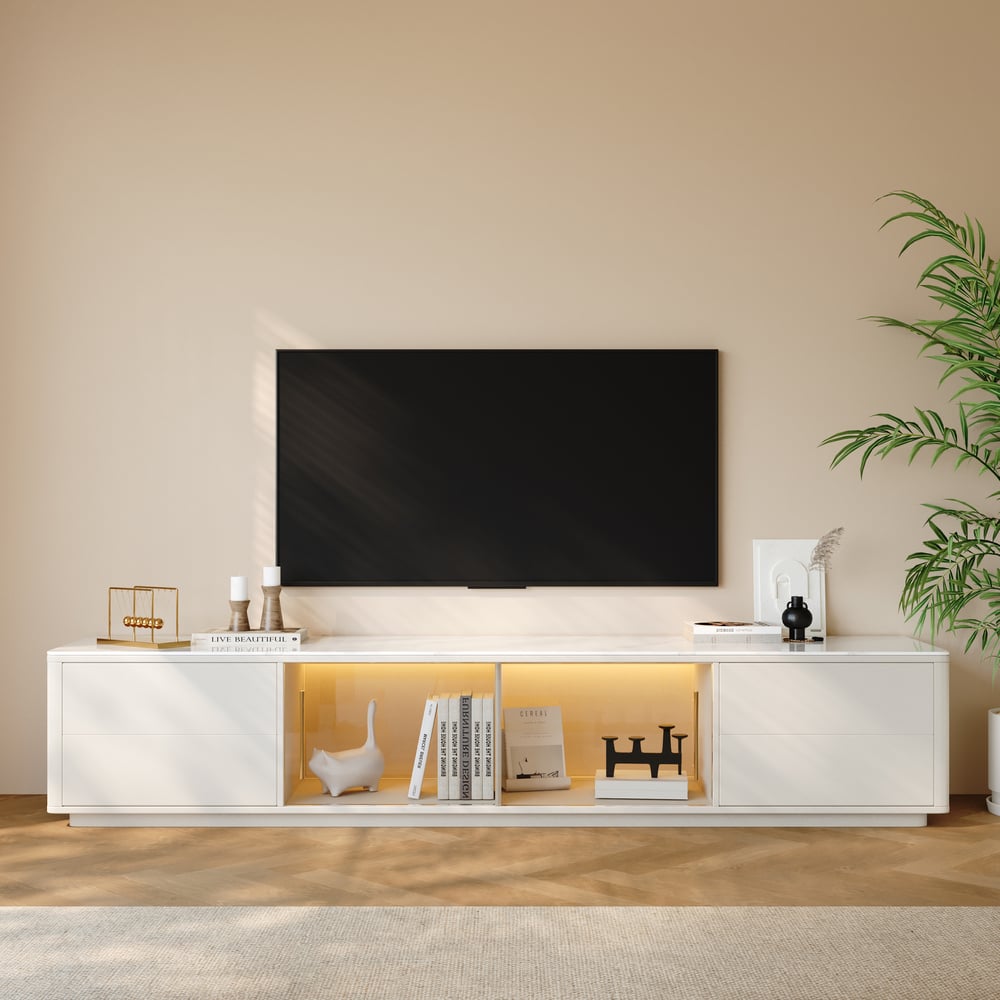 Modern 2210 mm TV Stand with Sintered Stone Top, Glass Doors & 4 Drawers window image