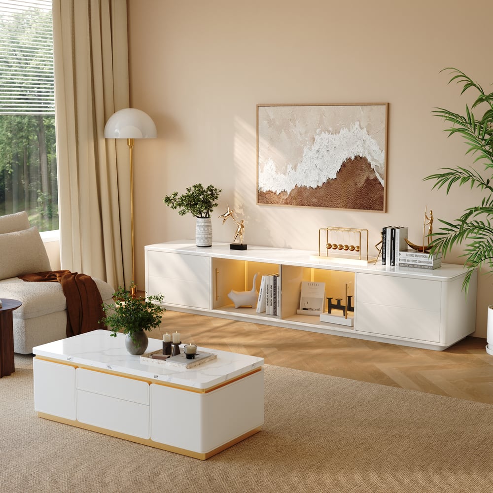 Modern 2210 mm TV Stand with Sintered Stone Top, Glass Doors & 4 Drawers window image
