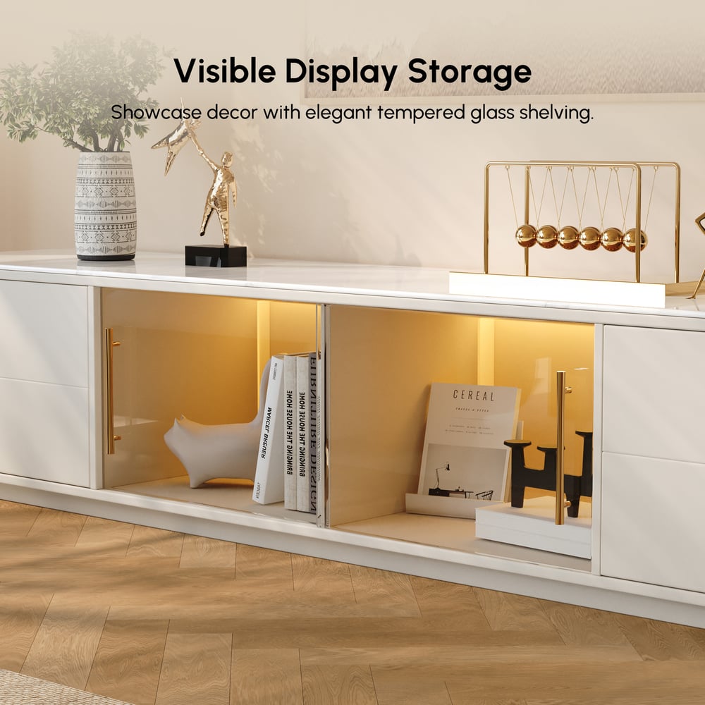 Modern 2210 mm TV Stand with Sintered Stone Top, Glass Doors & 4 Drawers window image