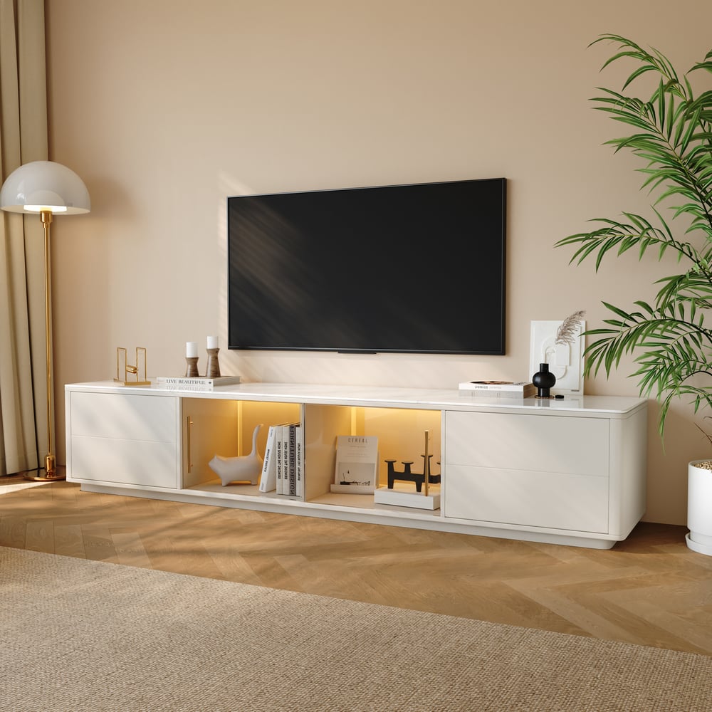 Modern 2210 mm TV Stand with Sintered Stone Top, Glass Doors & 4 Drawers window image
