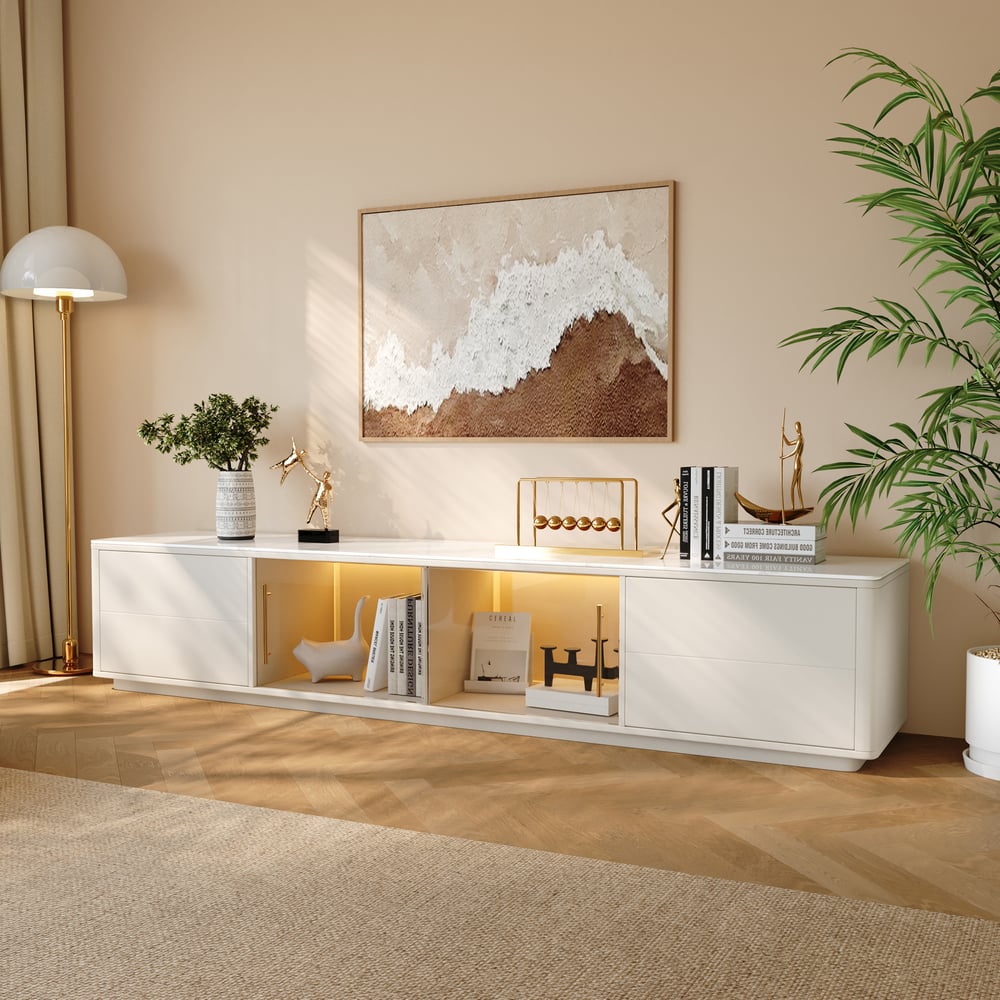 Modern 2210 mm TV Stand with Sintered Stone Top, Glass Doors & 4 Drawers window image
