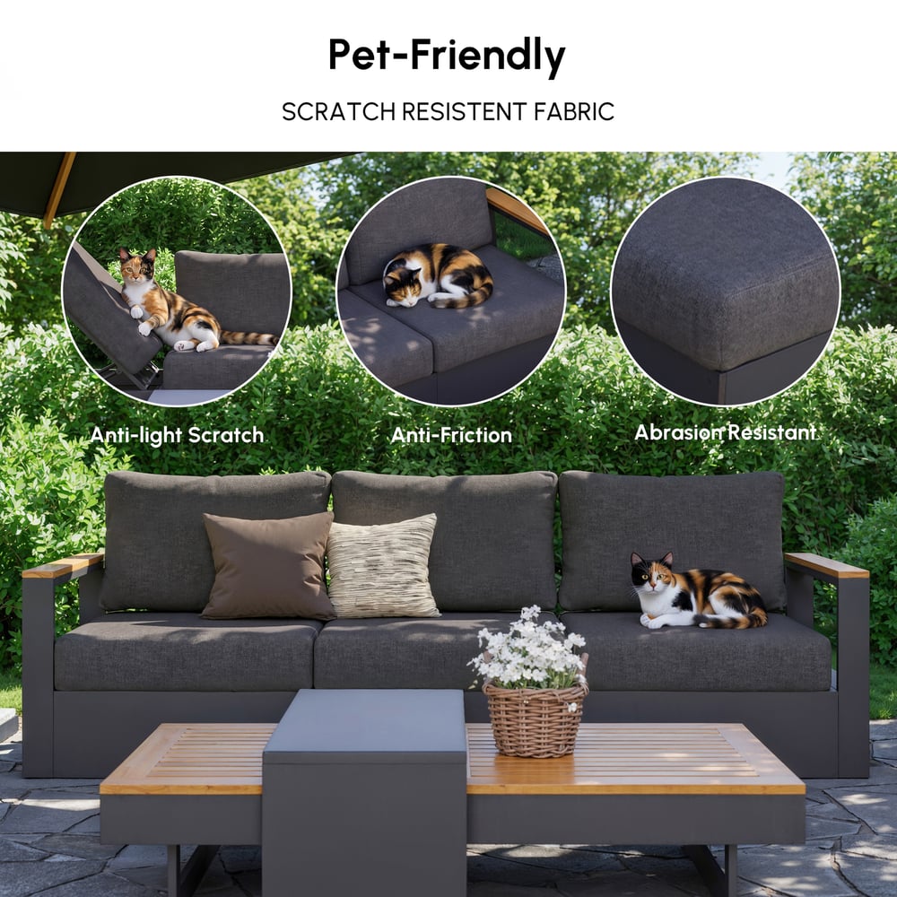 Tevara Convertible Outdoor Sectional Sofa Set with Teak & Aluminum Frame, Gray window image