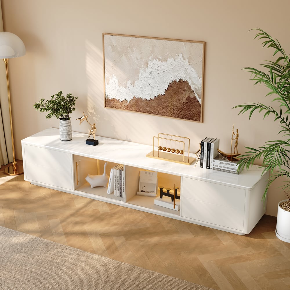 Modern 2210 mm TV Stand with Sintered Stone Top, Glass Doors & 4 Drawers window image