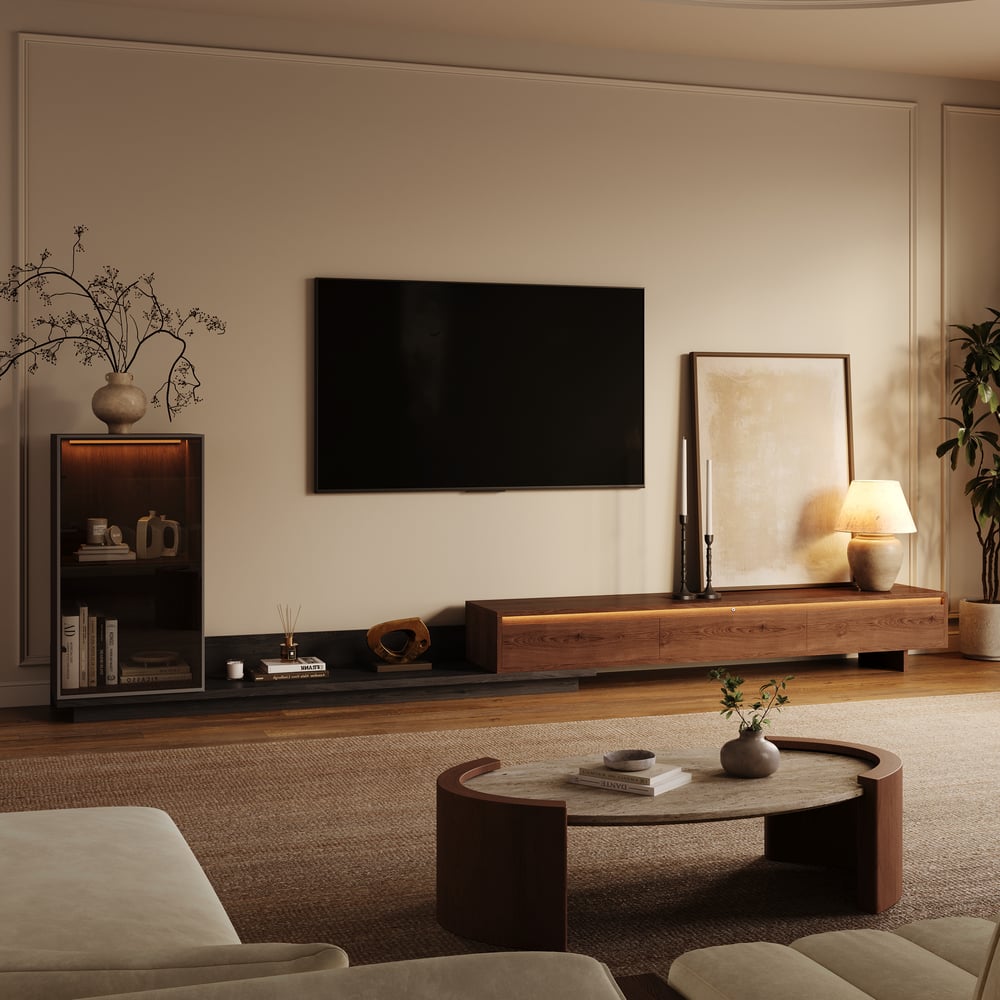 Fero 98"-155" Walnuss & Grau Ausziehbarer TV-Ständer mit Bücherregal & LED-Licht Schaufensterbilder