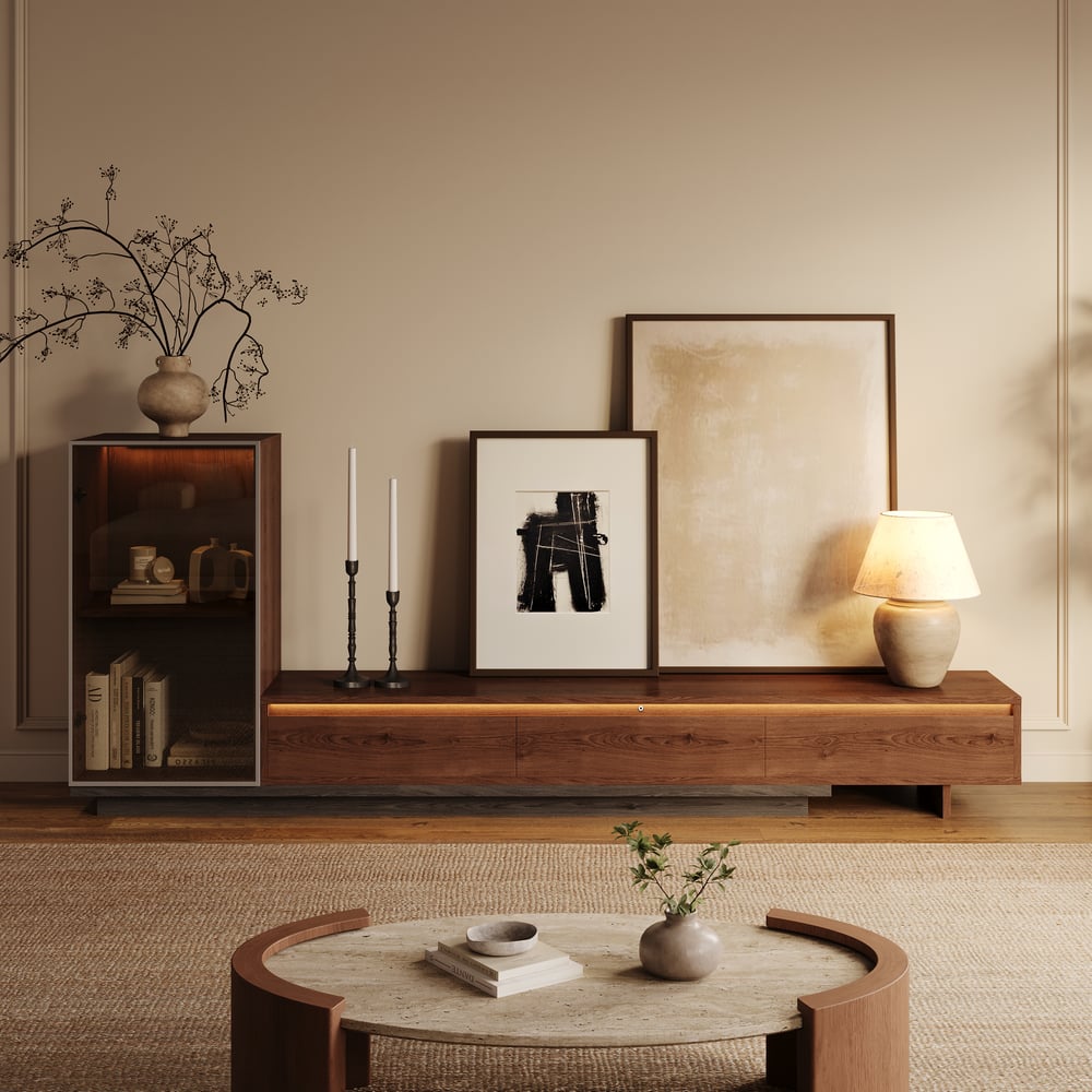 Fero 98"-155" Walnuss & Grau Ausziehbarer TV-Ständer mit Bücherregal & LED-Licht Schaufensterbilder