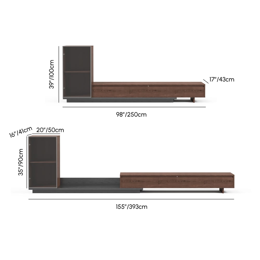 Fero 98"-155" Walnuss & Grau Ausziehbarer TV-Ständer mit Bücherregal & LED-Licht Bild der Gewichte & Abmessungen