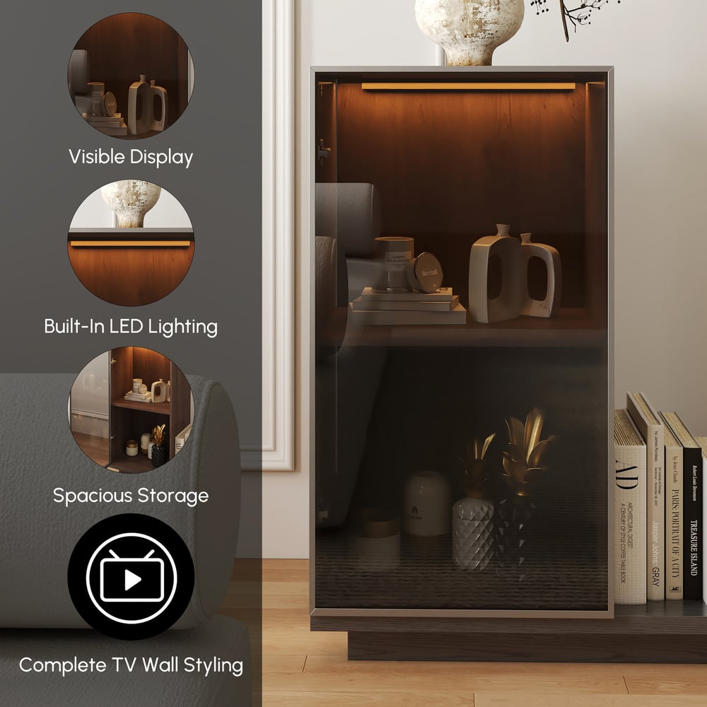 Fero 98"-155" Walnuss & Grau Ausziehbarer TV-Ständer mit Bücherregal & LED-Licht Schaufensterbilder