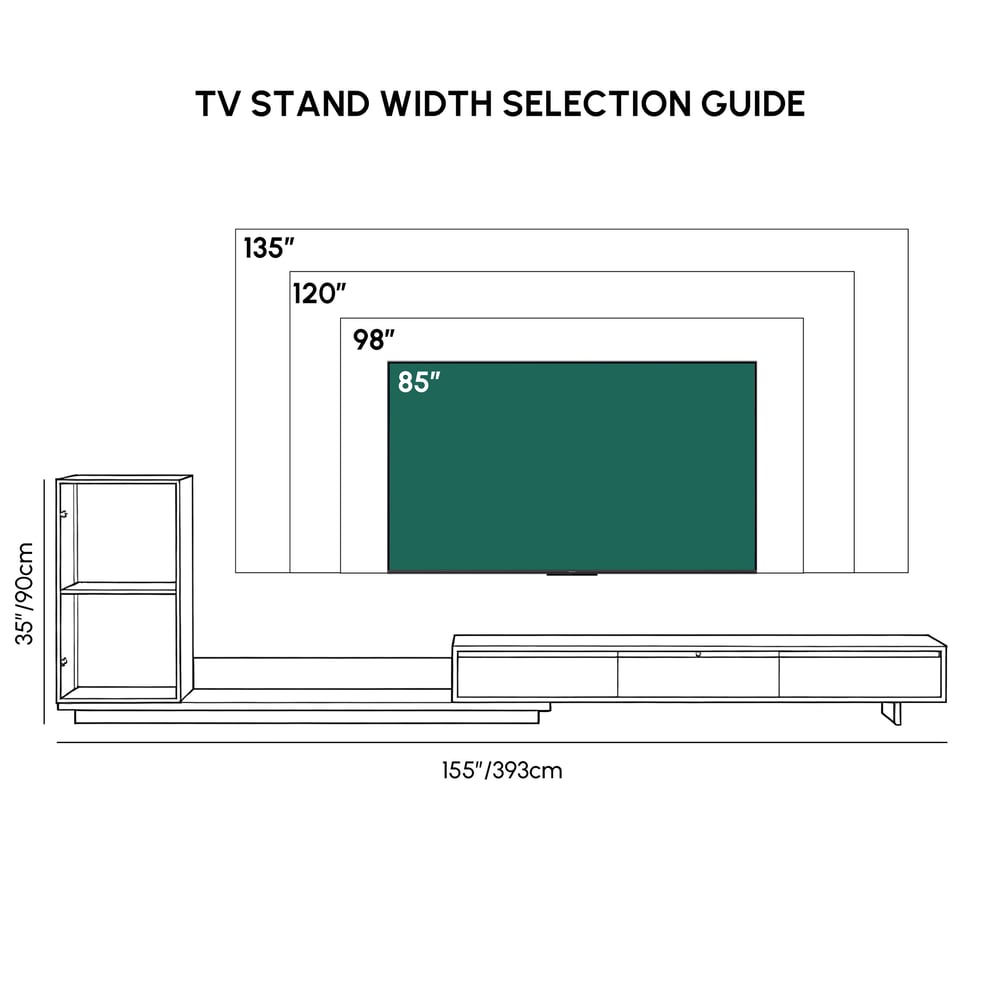 Fero 98"-155" Walnuss & Grau Ausziehbarer TV-Ständer mit Bücherregal & LED-Licht Bild der Gewichte & Abmessungen