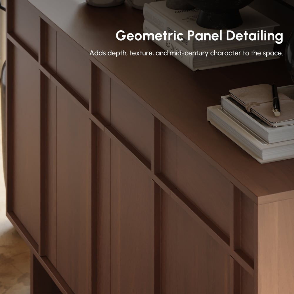 Credenza Panvyr Mid Century da 60 pollici in legno di noce con contenitore e ripiani regolabili Immagine della finestra